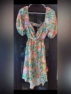 Princess Polly Floral High-Low Puff-Sleeve Dress in Green, Orange, Pink